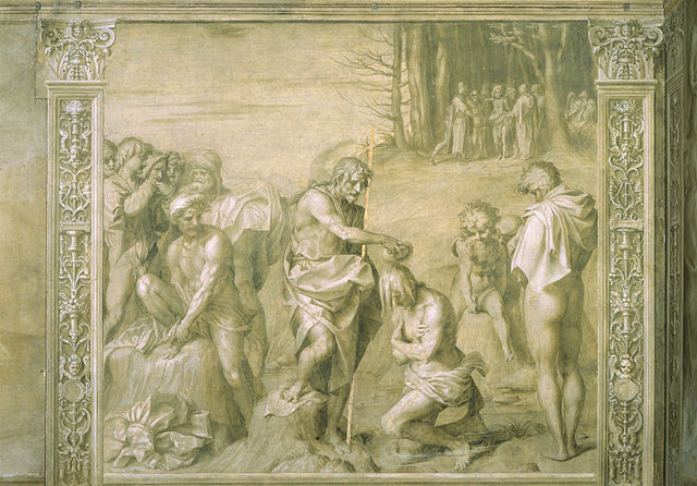 Battesimo della gente, (Baptism of the People), by Andrea del Sarto.  Click to enlarge. Wikimedia Commons.