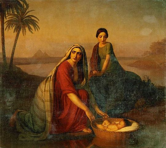 Moses being lowered by his mother into the waters of the Nile. Click to enlarge.