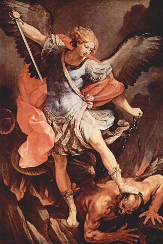 Painting of the Archangel Michael defeating Satan, by Guido Reni. Click to enlarge. See below for provenance.