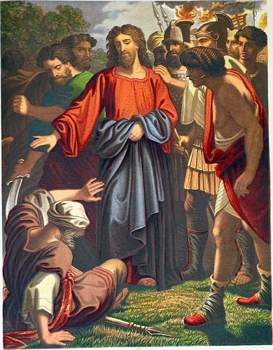 Jesus stops Peter's attack on the servant. Click to enlarge. See below for provenance.