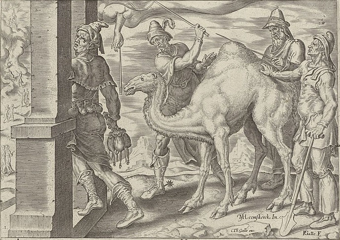 A rich man, a camel, and a needle.