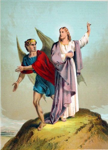 Jesus being tempted by Satan, the Devil. Click to enlarge. See below for provenance.