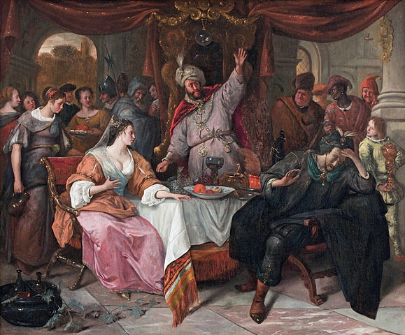 The wrath of Ahasuerus, by Jan Steen, ca. 1669; see Esther 7:1-8.  Click to enlarge.