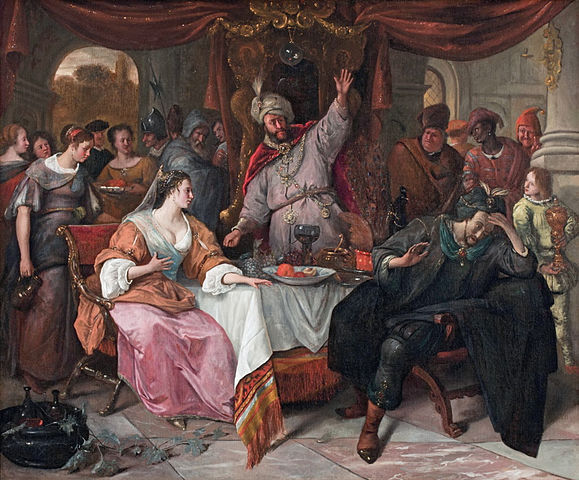 The wrath of Ahasuerus, by Jan Steen, ca. 1669; see Esther 7:1-8.� Click to enlarge.